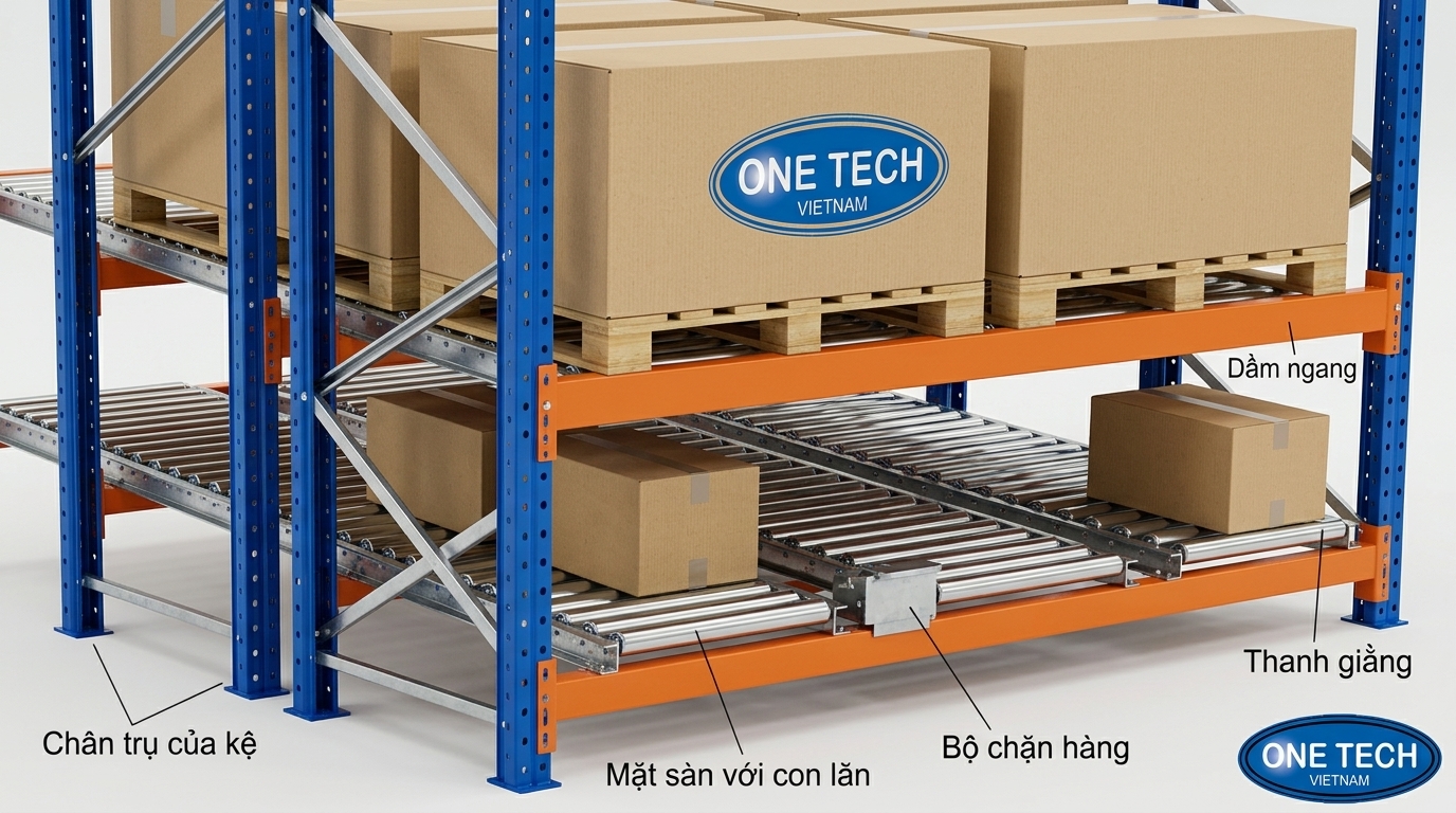 Cấu tạo kệ con lăn Flow rack gồm khung trụ beam ray con lăn và thanh chặn