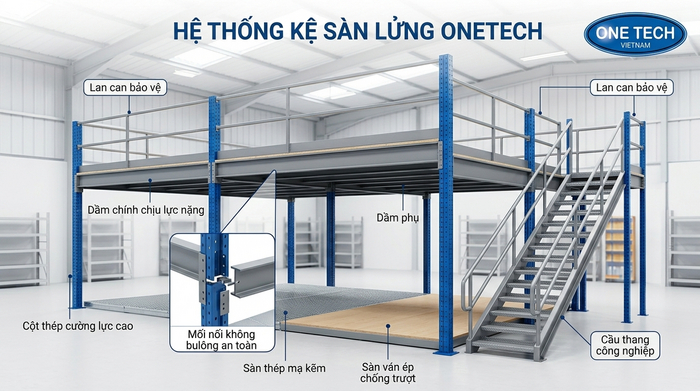Cấu tạo kệ sàn mezzanine gồm cột trụ beam mặt sàn lan can cầu thang