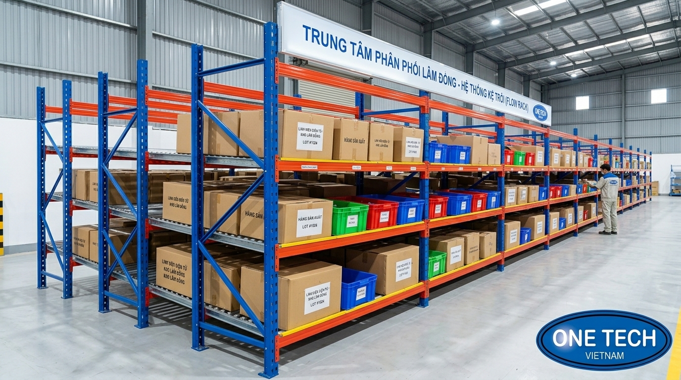 Kệ con lăn Flow rack hoàn thiện trong kho hàng Lâm Đồng
