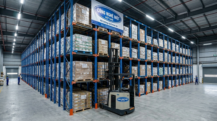 Kệ drive in thực tế với nhiều tầng lưu trữ pallet