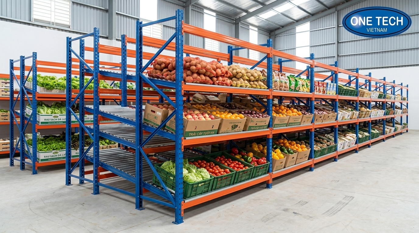 Kệ Flow racks Lâm Đồng cho kho phân loại nông sản