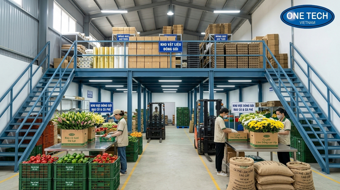 Kệ sàn mezzanine trong kho đóng gói nông sản tại Lâm Đồng
