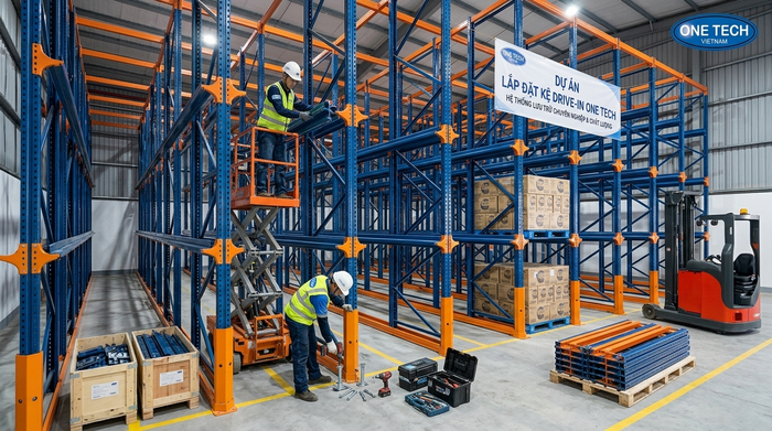 Lắp đặt kệ drive in thực tế tại kho hàng pallet