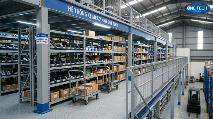 Lối đi xe đẩy trên sàn mezzanine trong kho hàng