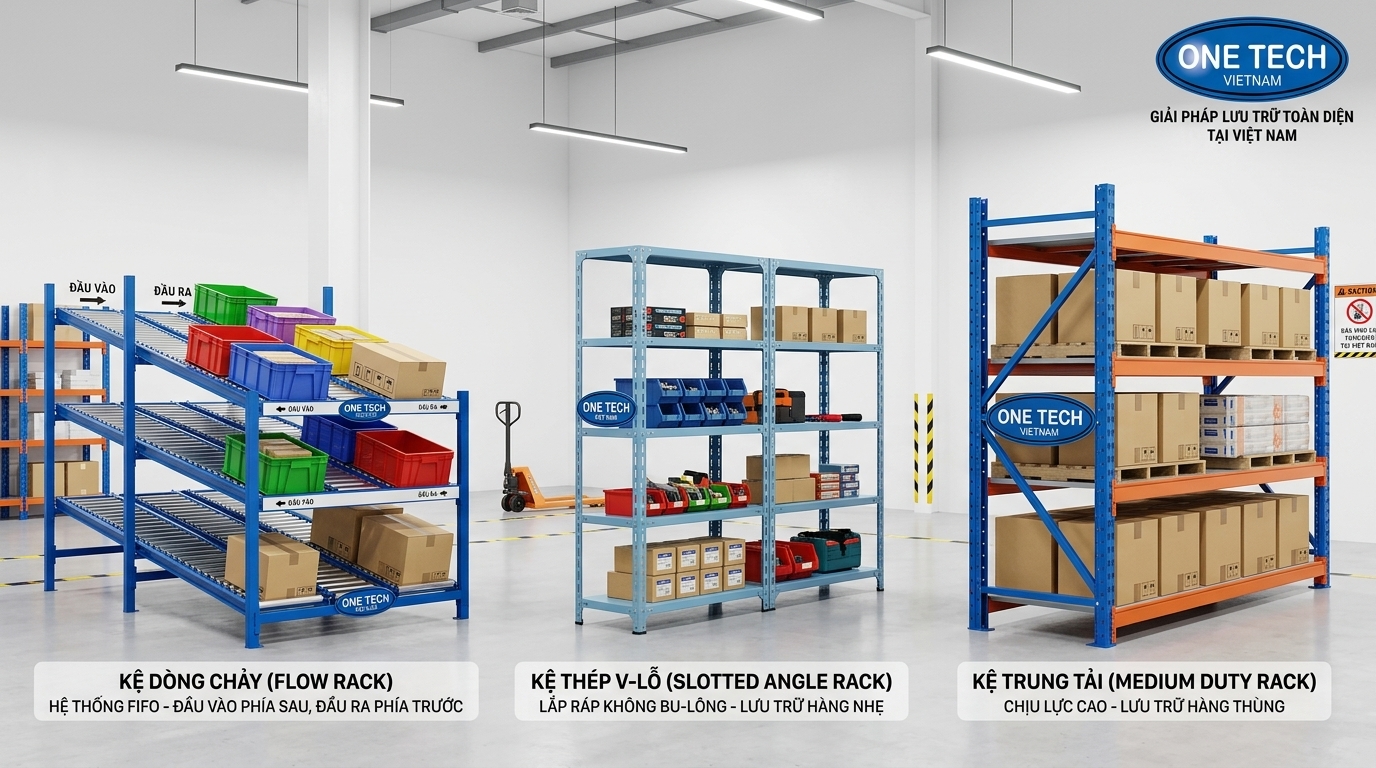So sánh kệ flowrack với kệ trung tải và kệ sắt V lỗ