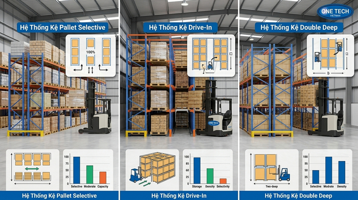 So sánh kệ pallet Selective Drive In và Double Deep theo khả năng lưu trữ