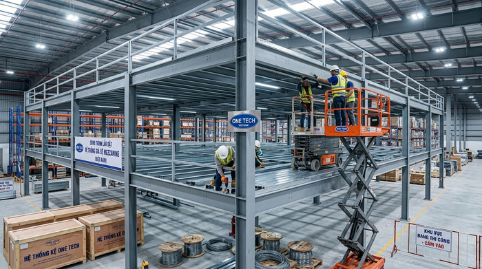 Thi công kệ sàn mezzanine thực tế tại kho hàng