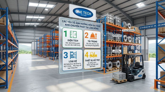 Các yếu tố ảnh hưởng báo giá kho trung chuyển Lâm Đồng gồm diện tích, tải trọng, kệ và thiết bị