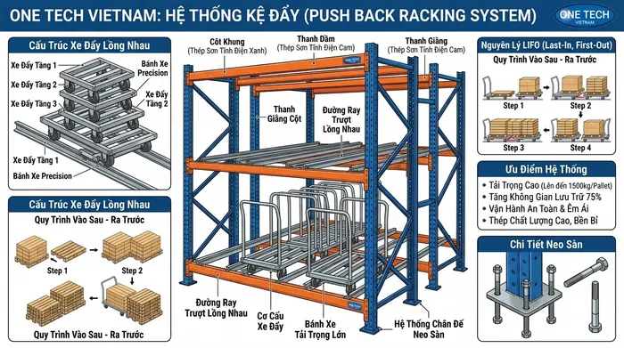 Cấu tạo kệ Push Back Lâm Đồng Cấu tạo cơ bản của kệ Push Back Lâm Đồng