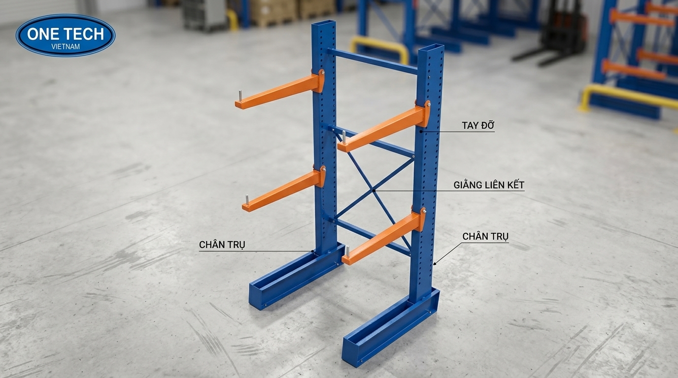 Cấu tạo kệ tay đỡ Cantilever Racking Cấu tạo kệ tay đỡ Cantilever Racking gồm chân trụ tay đỡ và giằng liên kết