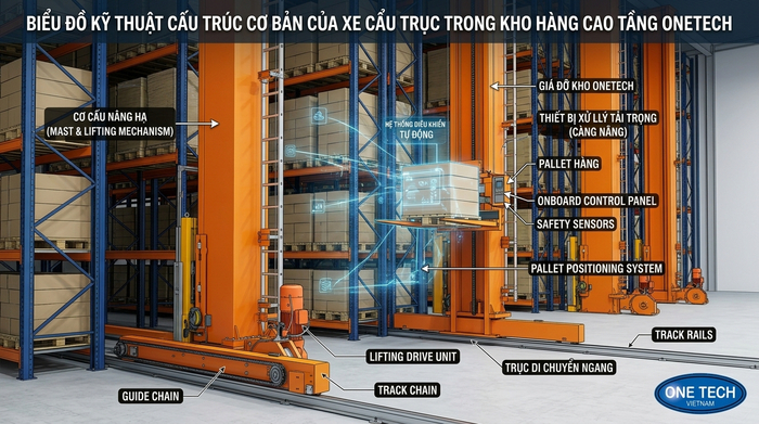 Cấu tạo cơ bản của Stacker-Crane trong kho cao tầng