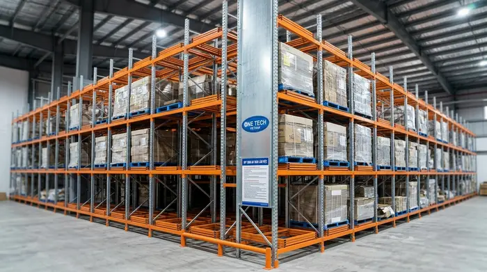 Kệ đẩy lùi pallet cho kho công nghiệp Lâm Đồng Kệ đẩy lùi chứa pallet trong kho công nghiệp tại Lâm Đồng