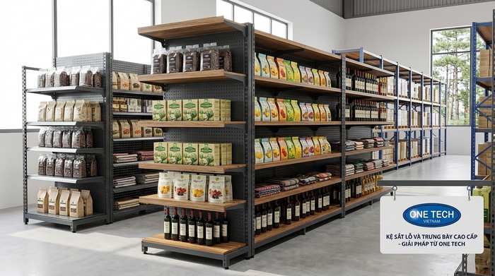Kệ sắt lỗ và kệ trưng bày cho kho trung chuyển kết hợp showroom tại Đà Lạt