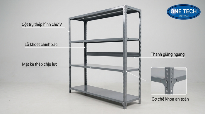 Hình ảnh minh họa cấu tạo kệ sắt v lỗ với các thanh V và mâm tầng