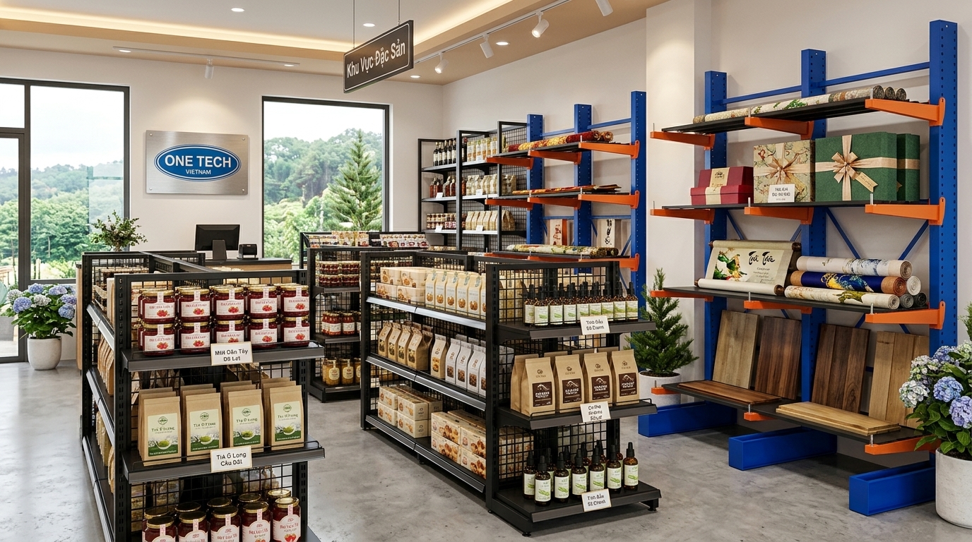 Kết hợp kệ siêu thị lưới và kệ tay đỡ cho shop Đà Lạt Kệ siêu thị lưới kết hợp kệ tay đỡ cho shop đặc sản Đà Lạt
