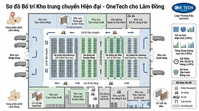 Mặt bằng bố trí kệ kho trung chuyển Lâm Đồng tối ưu lối đi và khu xuất nhập
