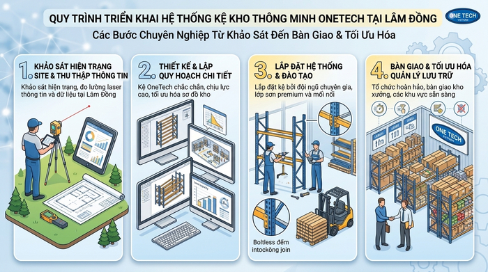 Quy trình lắp đặt kệ kho thông minh Lâm Đồng Quy trình triển khai kệ kho thông minh Lâm Đồng từ khảo sát đến bàn giao