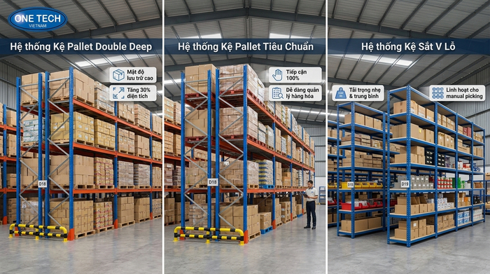 So sánh kệ Double Deep với các loại kệ kho So sánh kệ Double Deep với kệ pallet racking và kệ sắt V lỗ