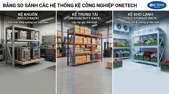 So sánh các loại kệ kho hàng Lâm Đồng So sánh kệ khuôn kệ trung tải và kệ kho lạnh tại Lâm Đồng