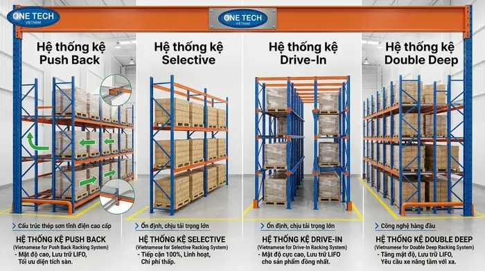 So sánh kệ Push Back và kệ kho hàng khác So sánh kệ Push Back với các loại kệ kho hàng công nghiệp khác