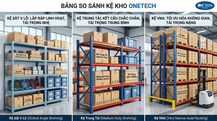 So sánh các loại kệ kho hàng tại Lâm Đồng So sánh kệ VNA kệ trung tải và kệ sắt V lỗ cho kho Lâm Đồng