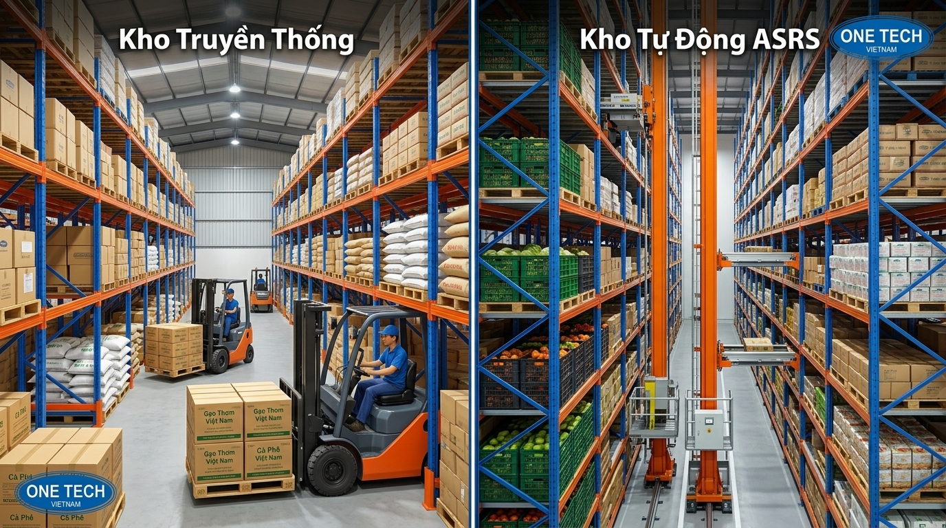 So sánh kệ kho ASRS và kho truyền thống So sánh kho truyền thống và kệ kho ASRS Lâm Đồng về diện tích và tốc độ xuất nhập