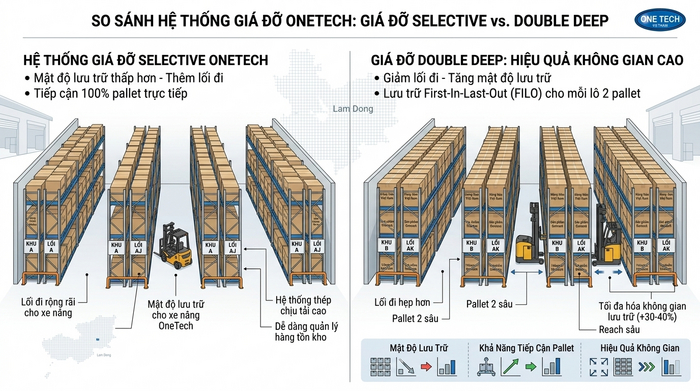 So sánh mặt bằng kệ Double Deep và kệ Selective So sánh mặt bằng kệ Double Deep và kệ Selective trong kho Lâm Đồng