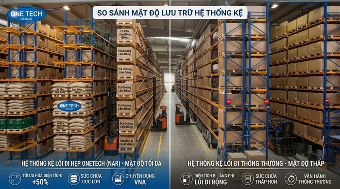 Mật độ lưu trữ của kệ Narrow Aisle so với kệ thường So sánh mật độ lưu trữ giữa kệ thường và kệ Narrow Aisle Lâm Đồng
