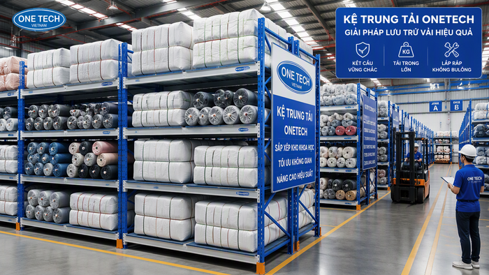 Kệ trung tải chứa vải cây và kiện vải trong kho may mặc công nghiệp