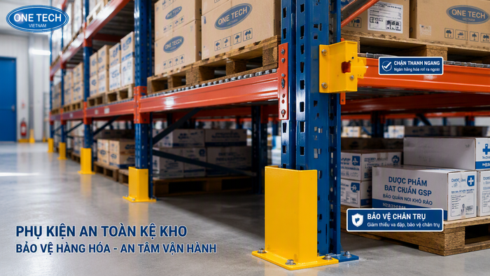 Phụ kiện an toàn cho kệ kho dược phẩm như bảo vệ chân trụ và thanh chặn