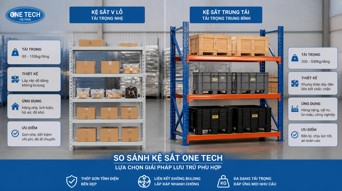 So sánh kệ tải trọng nhẹ và kệ tải trung So sánh kệ tải trọng nhẹ và kệ tải trung trong kho