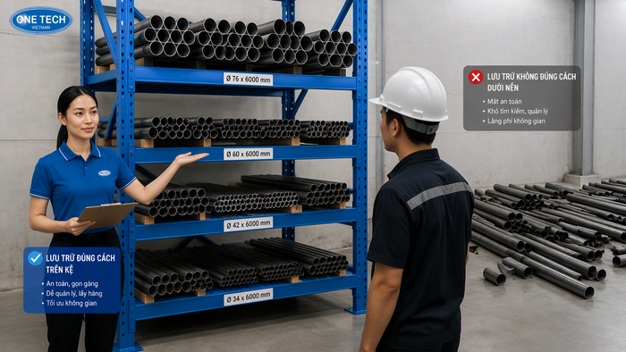 So sánh lưu trữ ống thép trên kệ và đặt dưới nền