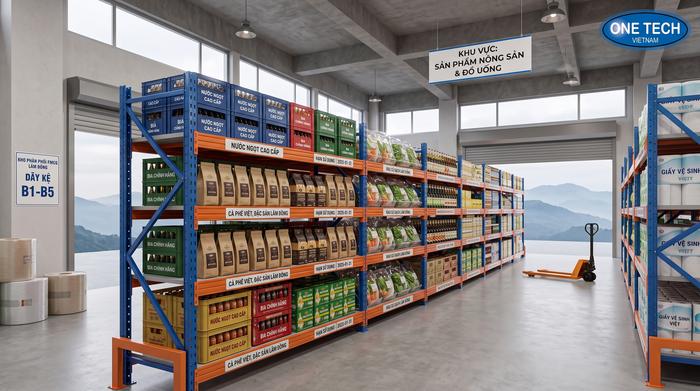 Kệ kho FMCG Lâm Đồng trong kho nông sản và hàng tiêu dùng nhanh