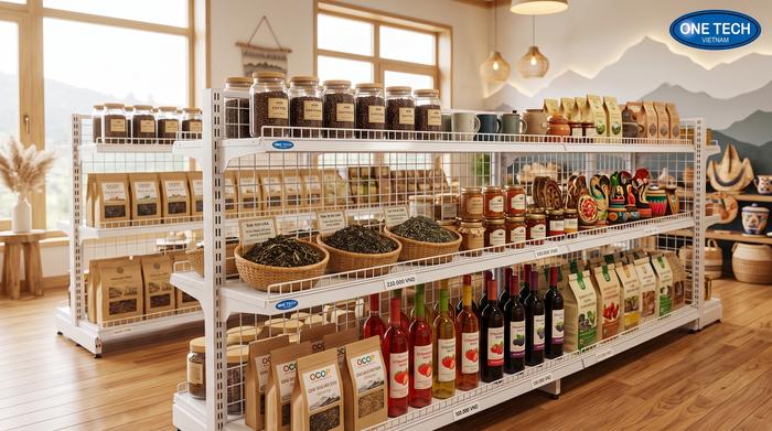 Kệ siêu thị lưới Đà Lạt cho shop đặc sản