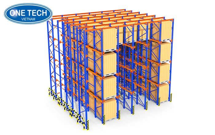 Minh họa hệ thống kệ drive-in mật độ cao Hệ thống kệ drive-in của One Tech với các làn sâu lưu trữ pallet hàng đồng nhất