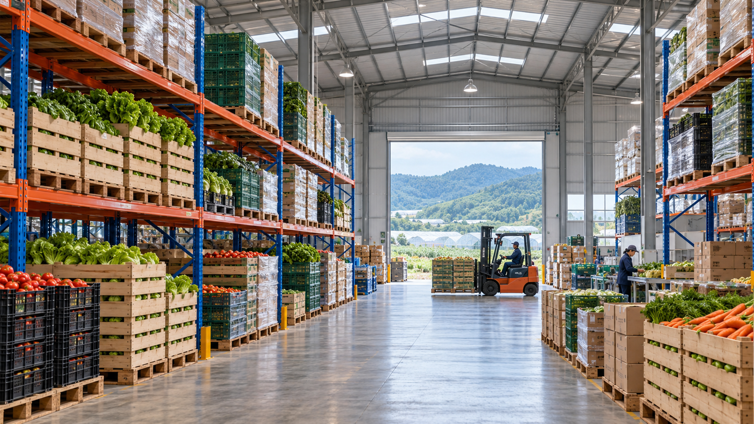 Hệ thống kệ kho nông sản hoàn thiện Hệ thống kệ kho thép đã lắp đặt hoàn chỉnh với các dãy kệ và lối đi rộng trong nhà kho nông sản