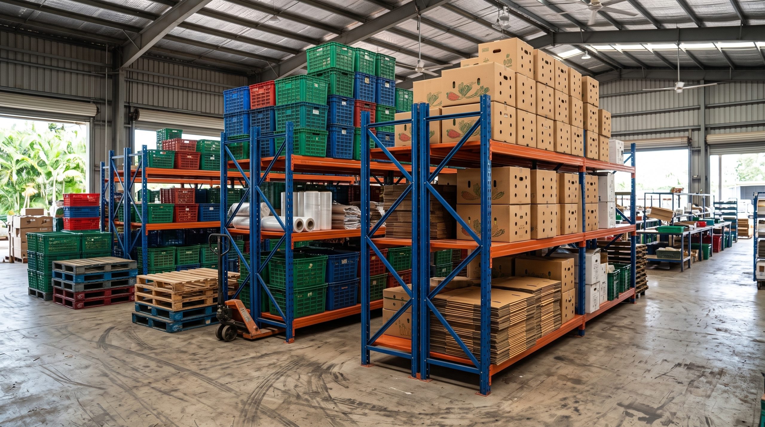 Minh họa kệ trung tải One Tech Kệ trung tải thép xanh cam của One Tech phù hợp lưu trữ thùng hàng và vật tư theo tầng